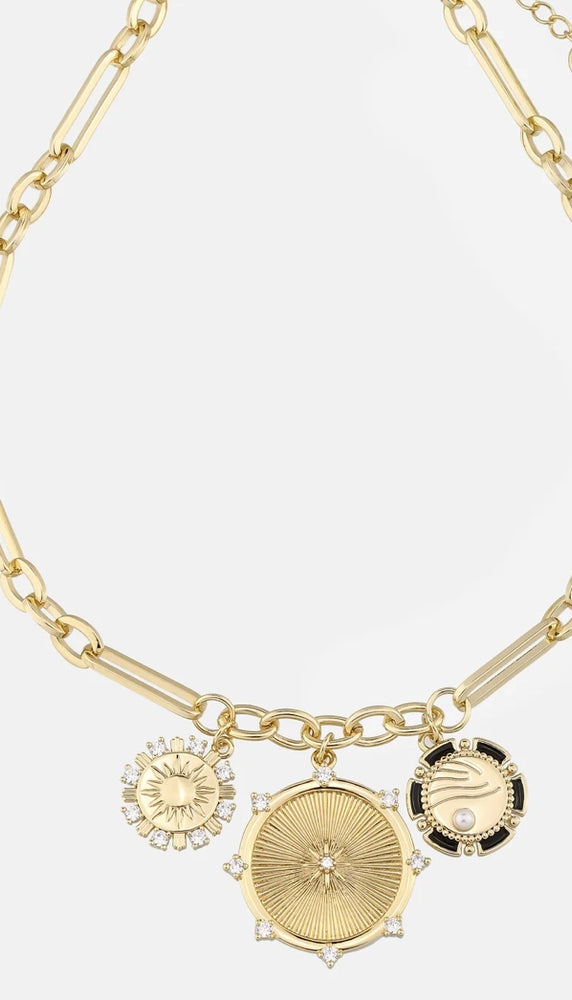 8 Point Wheel Medallion & Sun Charm Coin Necklace