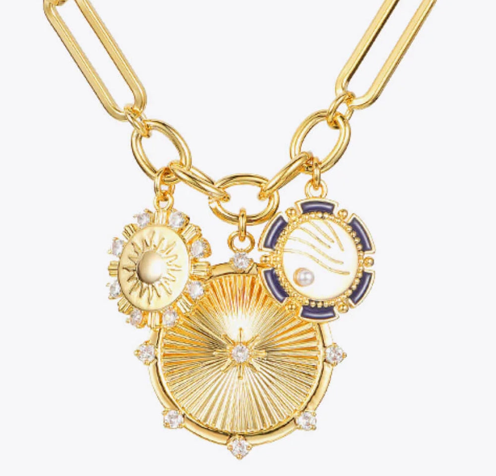8 Point Wheel Medallion & Sun Charm Coin Necklace