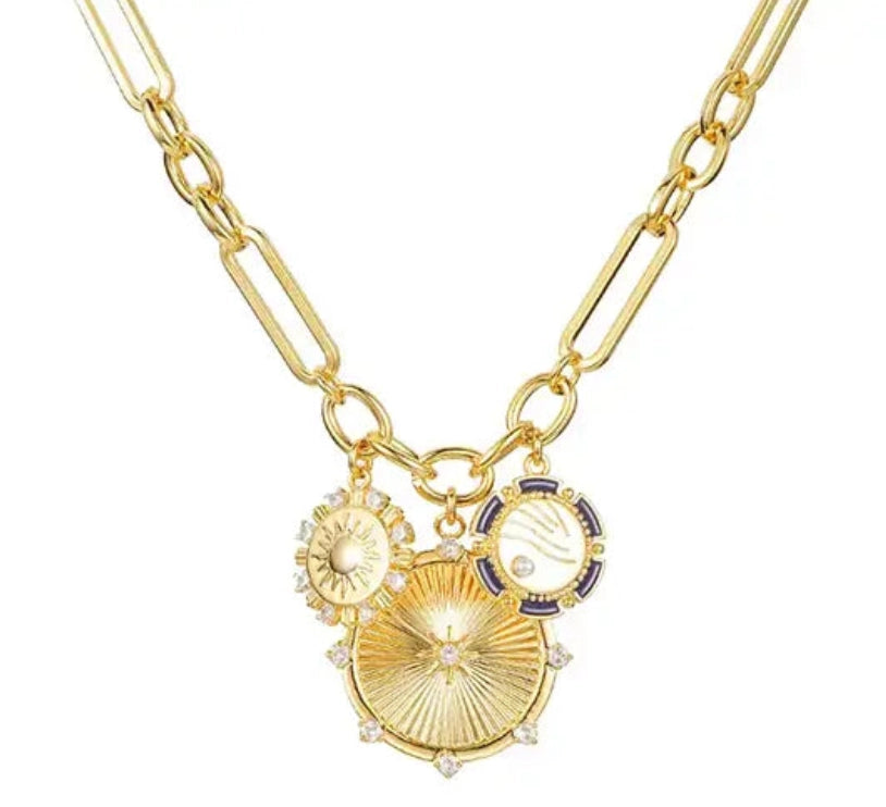 8 Point Wheel Medallion & Sun Charm Coin Necklace