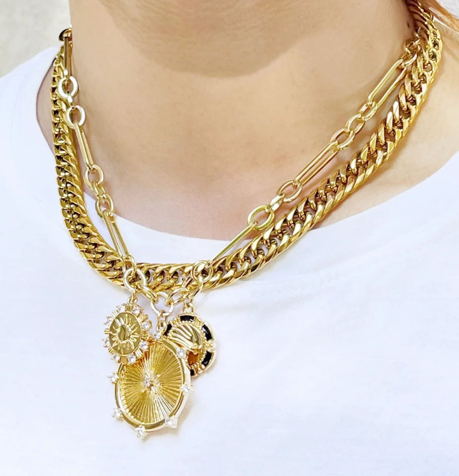 8 Point Wheel Medallion & Sun Charm Coin Necklace