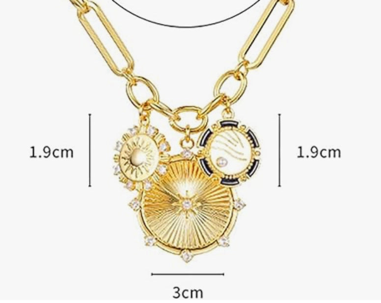 8 Point Wheel Medallion & Sun Charm Coin Necklace