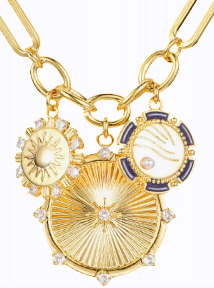 8 Point Wheel Medallion & Sun Charm Coin Necklace