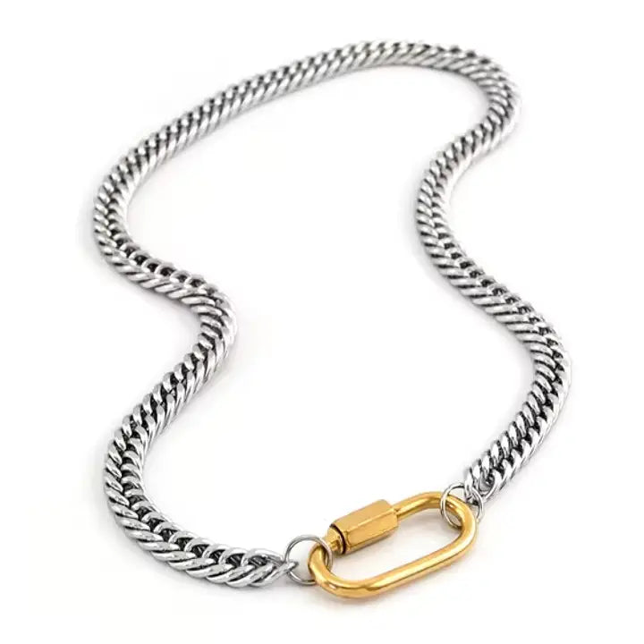 Carabiner  Stainless Steel Necklace Two Tone-Opens