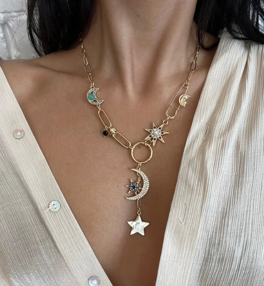 Celestial Coin Charm Hamsa Necklace Lariat Moon