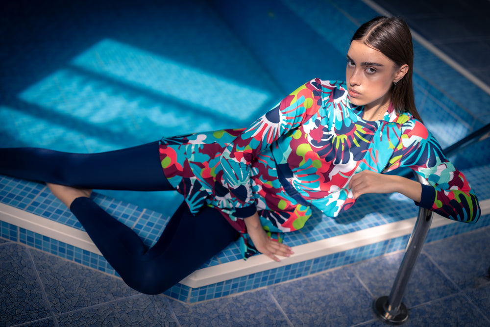 Blue Floral Modest Swim Set