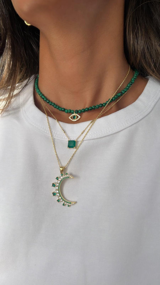 Silver Gold Plated Full Pave Clear & Green Zirconia Crescent Moon Necklace