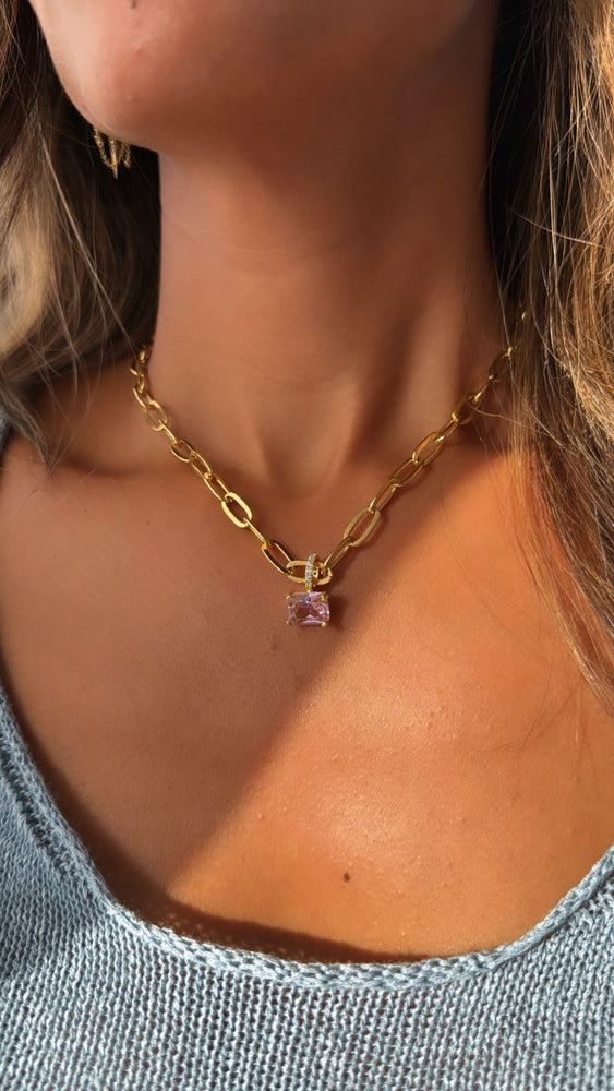 925 Silver Rectangular Pink Charm Paperclip Chain