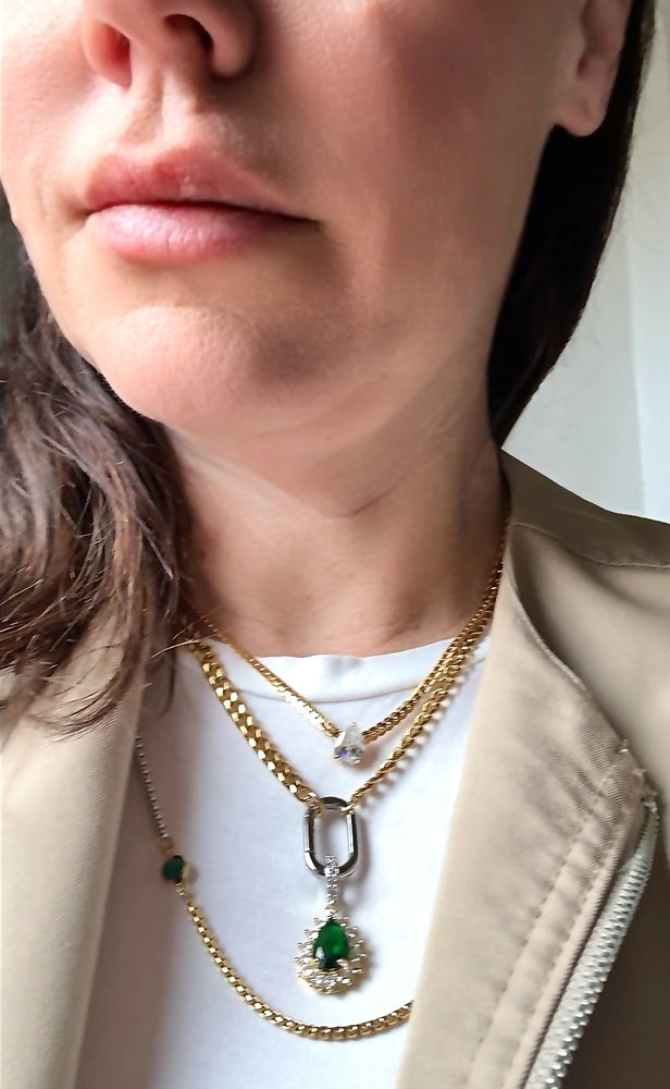 Pia-Carabiner Emerald Gem Charm Necklace Stainless Steel 14K