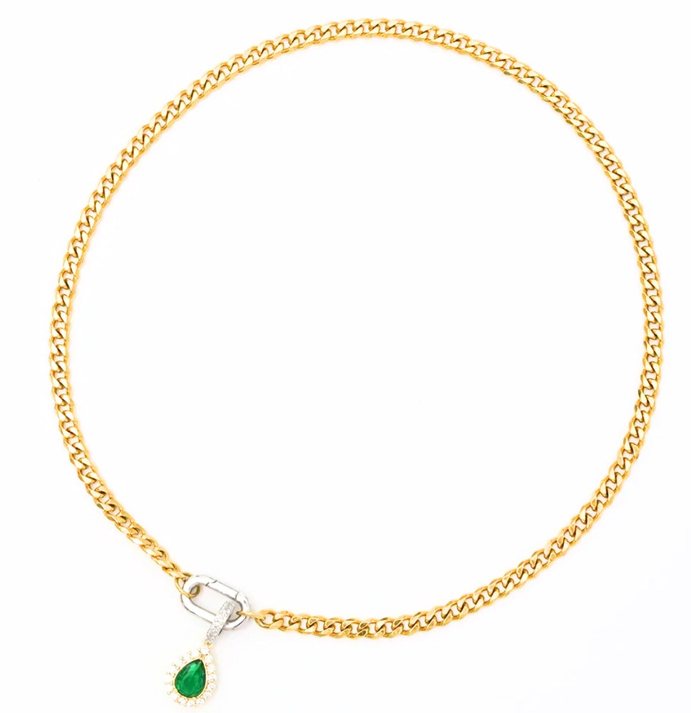 Pia-Carabiner Emerald Gem Charm Necklace Stainless Steel 14K