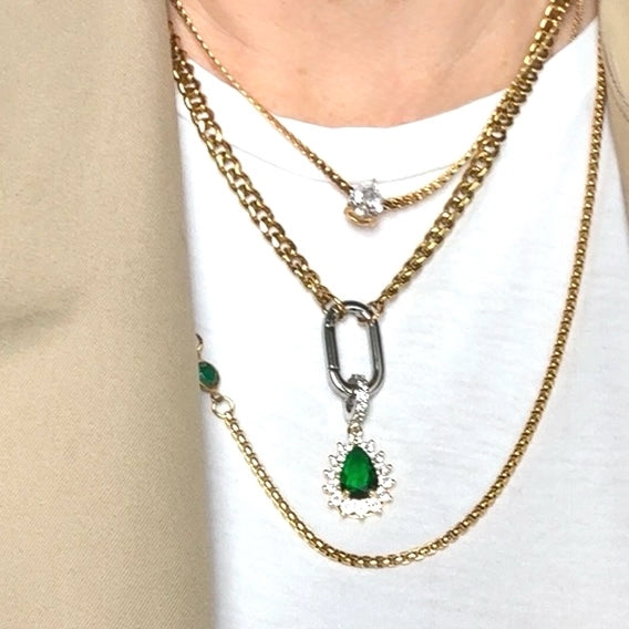 Pia-Carabiner Emerald Gem Charm Necklace Stainless Steel 14K