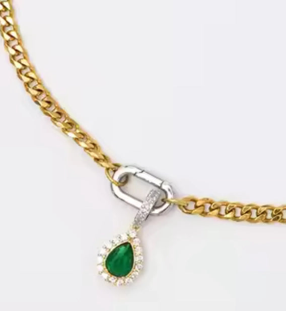 Pia-Carabiner Emerald Gem Charm Necklace Stainless Steel 14K