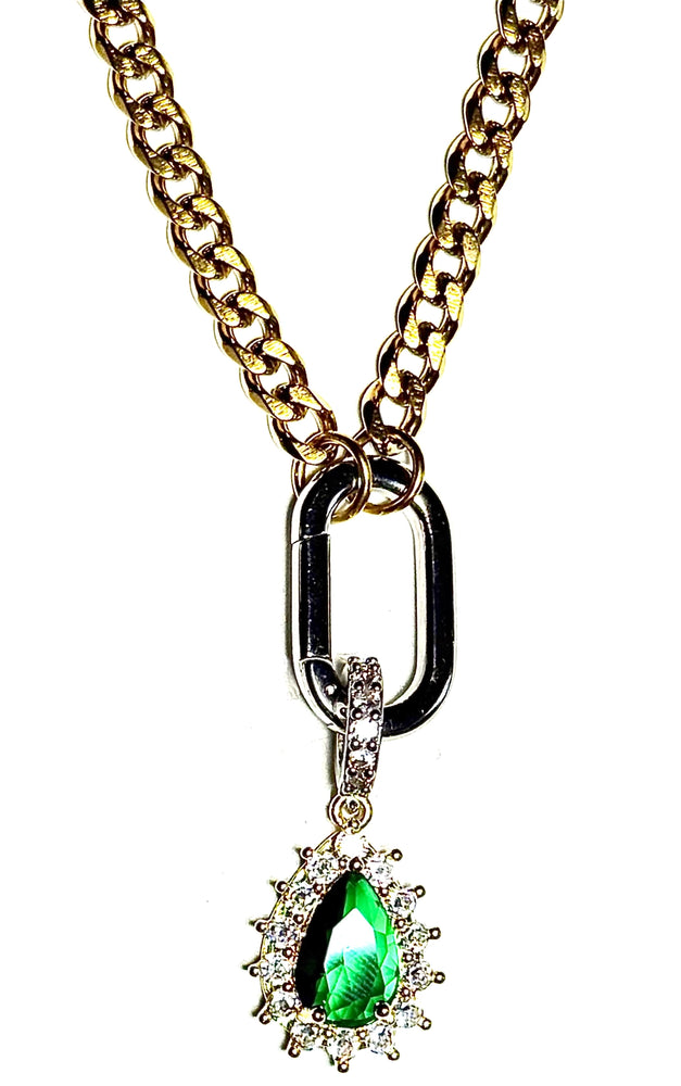 Pia-Carabiner Emerald Gem Charm Necklace Stainless Steel 14K