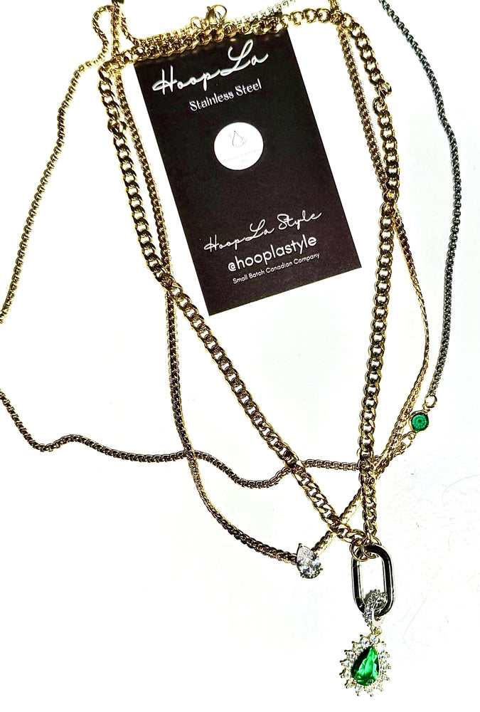 Pia-Carabiner Emerald Gem Charm Necklace Stainless Steel 14K