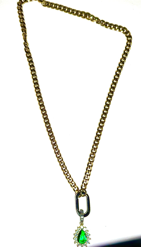 Pia-Carabiner Emerald Gem Charm Necklace Stainless Steel 14K