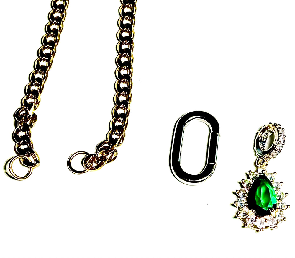Pia-Carabiner Emerald Gem Charm Necklace Stainless Steel 14K