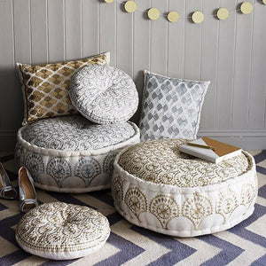 Casablanca Embroidered Pouf - Silver Metallic