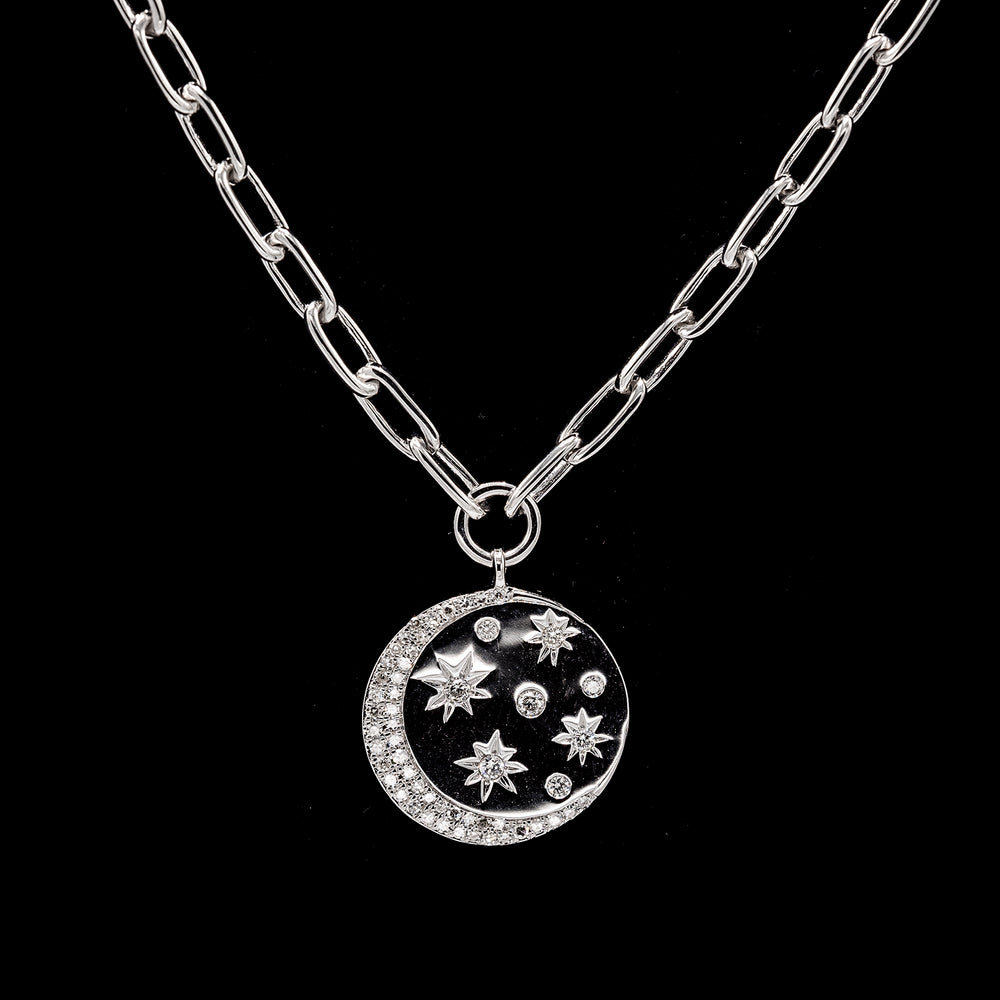 Crescent and Stars Diamond Necklace - WG