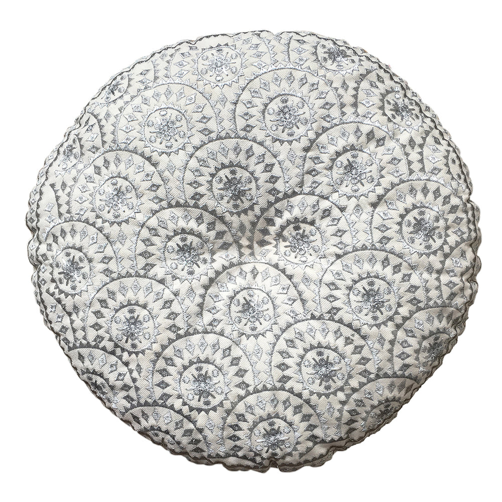 Casablanca Embroidered Round Cushion - Silver Metallic