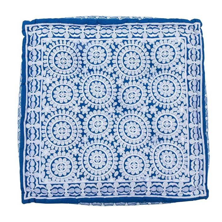 Antalya Embroidered Square Pouf - White on Cobalt