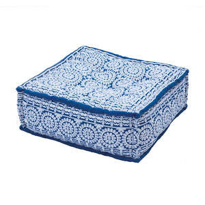 Antalya Embroidered Square Pouf - White on Cobalt