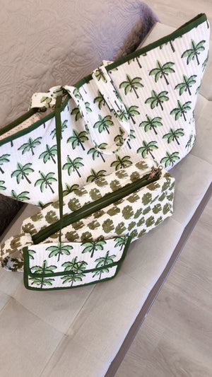 COTTON BEACH BAG - Sky Blue Green Leaves