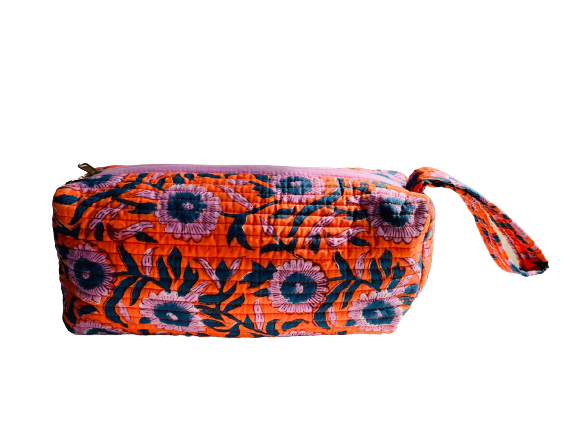 COTTON TOILETRY BAG - Orange Purple Flowers