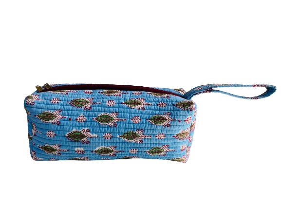 COTTON TOILETRY BAG - Sky Blue Green Leaves