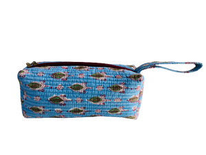 COTTON TOILETRY BAG - Sky Blue Green Leaves