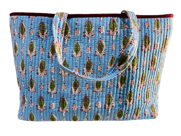 COTTON BEACH BAG - Sky Blue Green Leaves