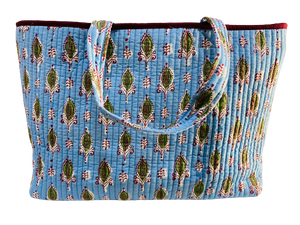 COTTON BEACH BAG - Sky Blue Green Leaves