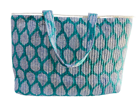 COTTON BEACH BAG - Turquoise White Leaves
