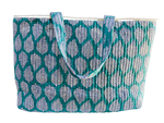 COTTON BEACH BAG - Turquoise White Leaves