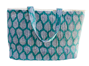 COTTON BEACH BAG - Turquoise White Leaves